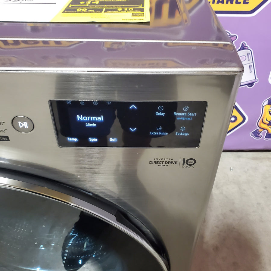 LG 5.0 cu. ft. Mega Capacity Smart Front Load Washer with TurboWash® 360° and AI Sensing WM5800HVA - Scratch & Dent (Minor) and LG 7.4-cu ft Stackable Vented Electric Dryer with Steam Cycle in Graphite Steel DLEX5800V - Scratch & Dent (Moderate)