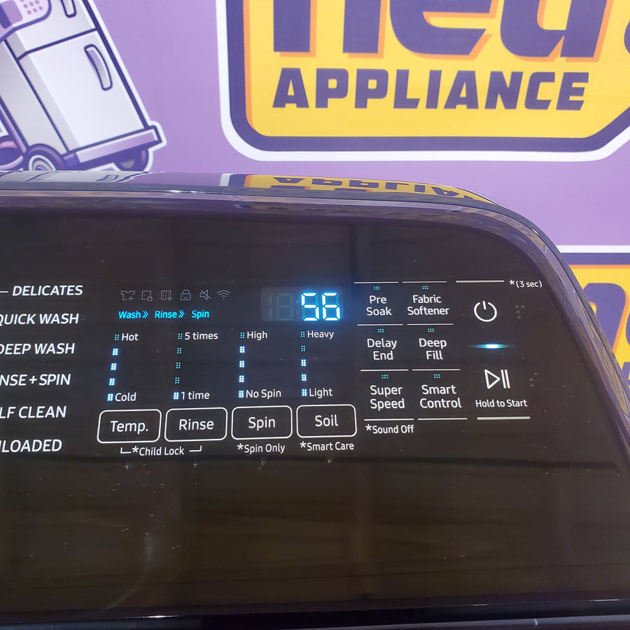 Samsung 5.4 cu. ft. Smart Top Load Washer with Pet Care Solution WA54CG7150AD - Scratch & Dent (Moderate) and Samsung Brushed 7.4 cu. ft. Smart Vented Electric Dryer with Pet Care Dry and Steam Sanitize+ WA54CG7150AD - Scratch & Dent (Minor)