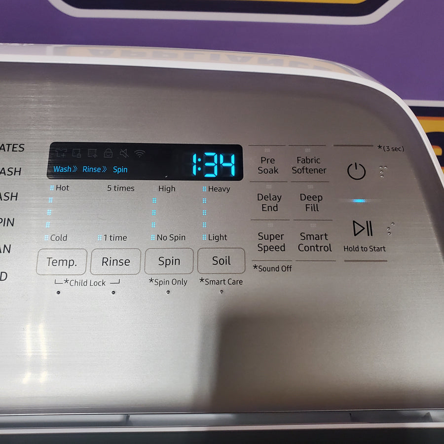 Samsung 5.2 cu. ft. Large Capacity Smart Top Load Washer with Super Speed Wash in White WA52DG5500AW - Scratch & Dent (Minor) and Samsung White Smart Electric 7.4 Cu. Ft. Dryer with Sensor Dry and Steam Sanitize+ DVE52A5500W - Scratch & Dent (Moderate)