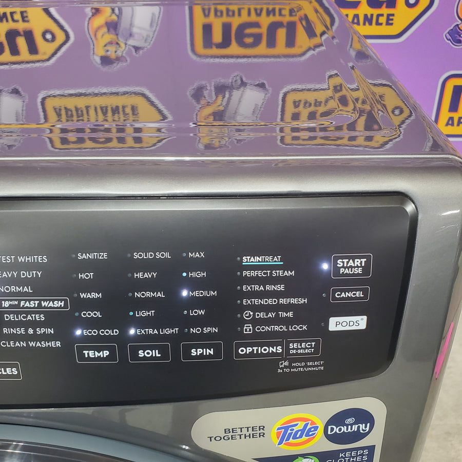 Electrolux 400 Series Front Load Washer - 4.5 Cu. Ft. ELFW7437AT - Open Box and Electrolux 8-cu ft Stackable Vented Electric Dryer with Steam Cycle in Titanium ELFE7437AT - Scratch & Dent (Minor)