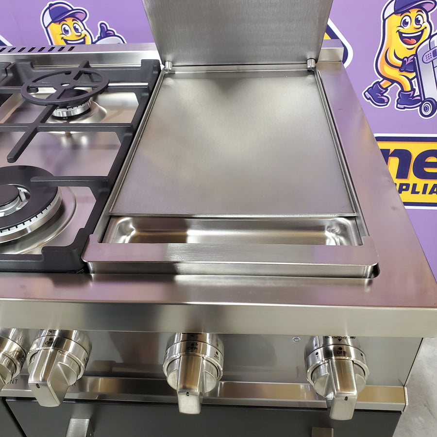 Bertazzoni 48 Inch Freestanding Gas Range with 6 Sealed Burners, Integrated Electric Griddle, 7.1 cu. ft. Total Oven Capacity, and Double Oven MAS486GGASNEV - Open Box