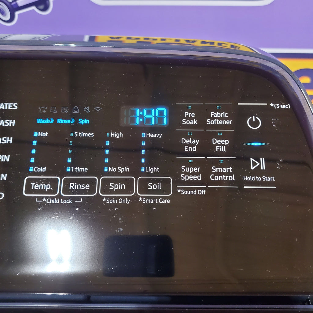 Samsung 5.4 cu. ft. Smart Top Load Washer with Pet Care Solution and Super Speed Wash WA54CG7150AD - Scratch & Dent (Minor) and  7.4 cu. ft. Smart Vented Electric Dryer with Pet Care Dry and Steam Sanitize+ 16262 - DVE54CG7150D - Open Box