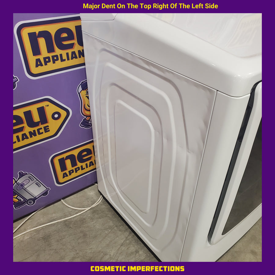 Samsung 5.2 cu. ft. Large Capacity Smart Top Load Washer with Super Speed Wash in White WA52DG5500AW - Scratch & Dent (Minor) and Samsung White Smart Electric 7.4 Cu. Ft. Dryer with Sensor Dry and Steam Sanitize+ DVE52A5500W - Scratch & Dent (Moderate)