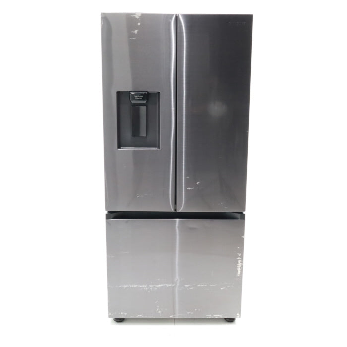 30 in. Fingerprint Resistant Stainless Steel ENERGY STAR Samsung 22 cu. ft. 3 Door French Door Refrigerator with Exterior Water and Ice Dispenser - Scratch & Dent - Moderate