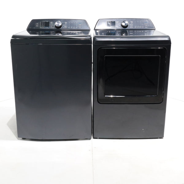 Diamond Gray GE Profile 5.4 cu. ft. Top Load Washing Machine with FlexDispense and 7.4 cu. ft. Gas Dryer with Steam - Scratch & Dent - Moderate