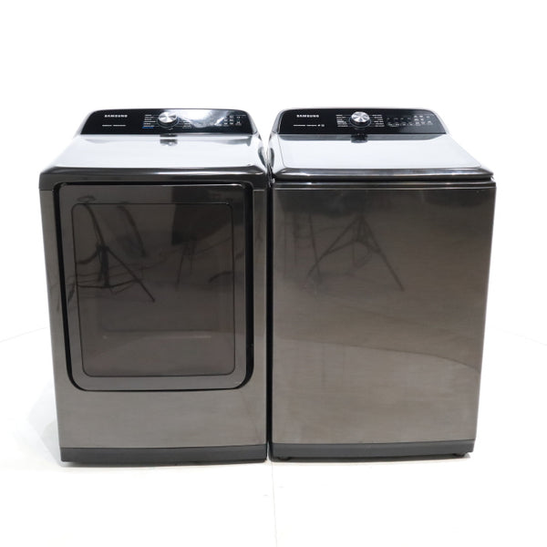 Black Stainless Steel ENERGY STAR Samsung 5.0 cu. ft. Top Load Washer with Active Water Jet and 7.4 cu ft Gas Dryer with Steam - Scratch & Dent - Minor