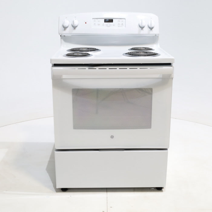 White GE 5.0 cu. ft. Freestanding 4 Heating Element Electric Range with Dual Element Baking - Scratch & Dent - Minor