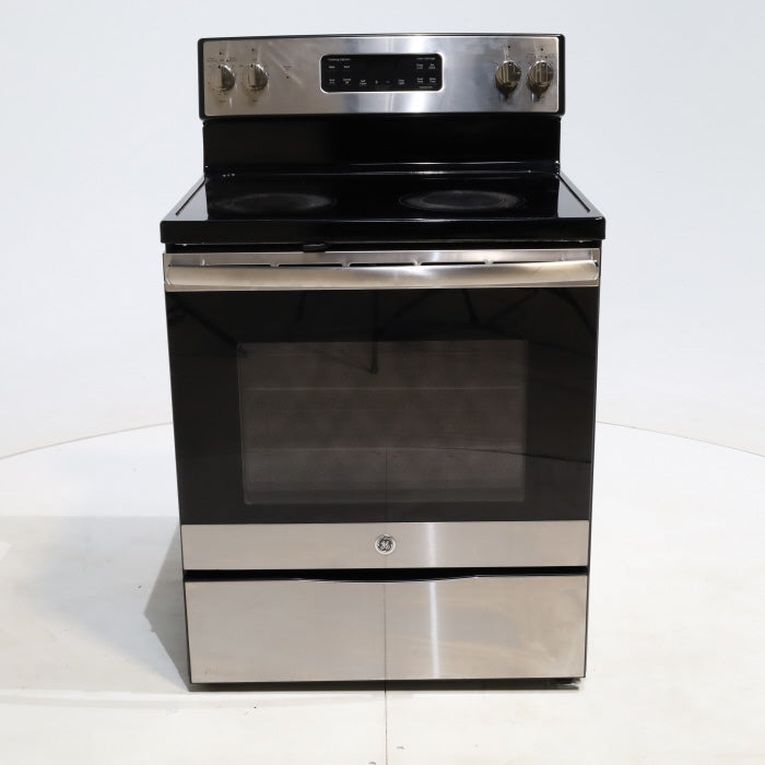 Stainless Steel GE 5.3 cu. ft. Freestanding 4 Heating Element Smooth Cooktop Electric Range with Dual Element Baking - Certified Refurbished