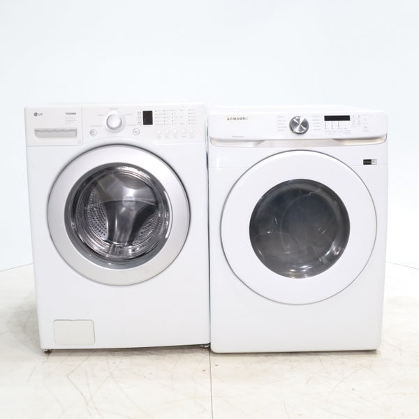 LG Frontload 3.6 cu ft 27 inch Wide Washing Machine with Direct Drive Motor and White Samsung 7.5 cu. ft. Front Load Electric Dryer with Smart Care - Certified Refurbished