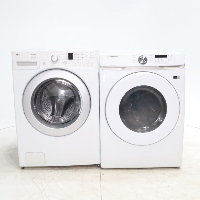LG Frontload 3.6 cu ft 27 inch Wide Washing Machine with Direct Drive Motor and White Samsung 7.5 cu. ft. Front Load Electric Dryer with Smart Care - Certified Refurbished