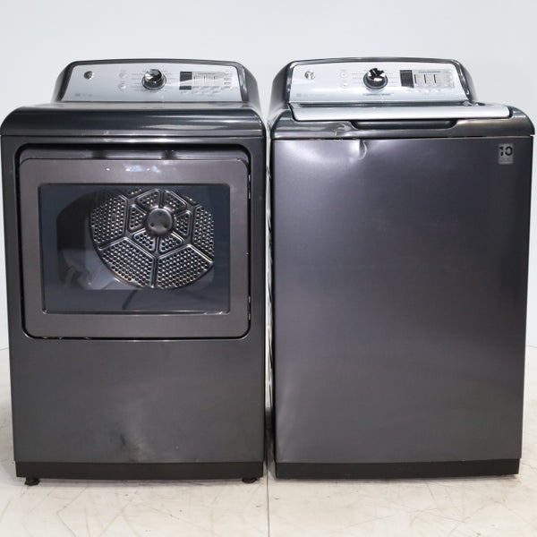 Diamond Gray ENERGY STAR GE 5.0 cu. ft. Top Load Washing Machine with Water Station and ENERGY STAR GE 7.4 cu. ft. Steam Electric Dryer with My Cycle - Certified Refurbished