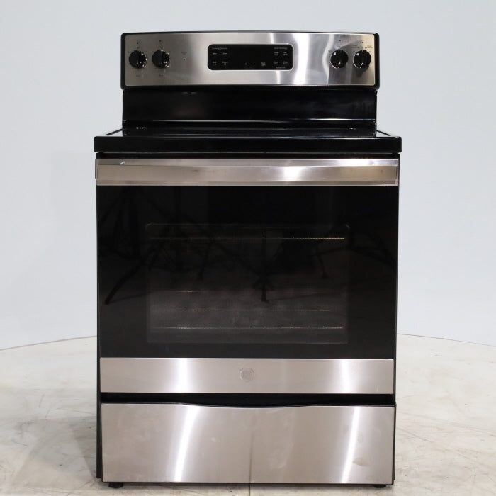 Pictures of Black with Stainless Steel GE 5.3 cu. ft. Freestanding 4 Heating Element Smooth Cooktop Electric Range with Dual Element Bake - Certified Refurbished - Neu Appliance Outlet - Discount Appliance Outlet in Austin, Tx