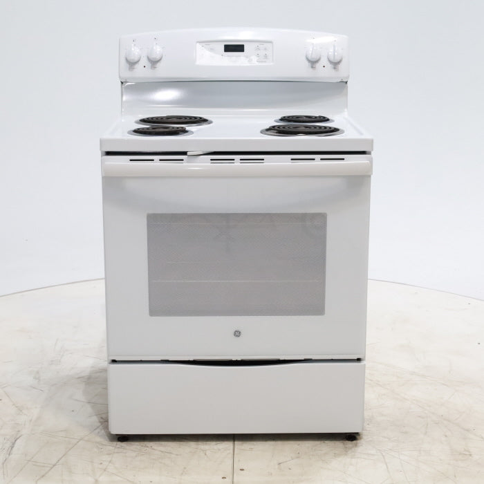 White GE 5.3 cu. ft. Freestanding 4 Element Electric Range with Dual Element Baking and Self-Cleaning Oven- Certified Refurbished