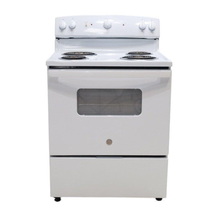 White GE 5.0 cu. ft. Freestanding 4 Heating Element Electric Range with Dual Element Bake - Certified Refurbished