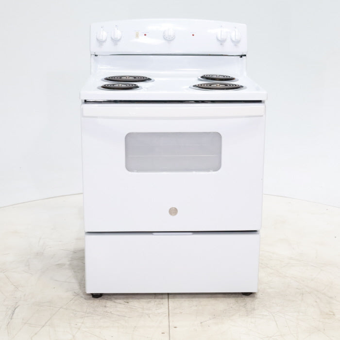 White GE 5.0 cu. ft. Freestanding 4 Heating Element Electric Range with Dual Element Bake - Certified Refurbished