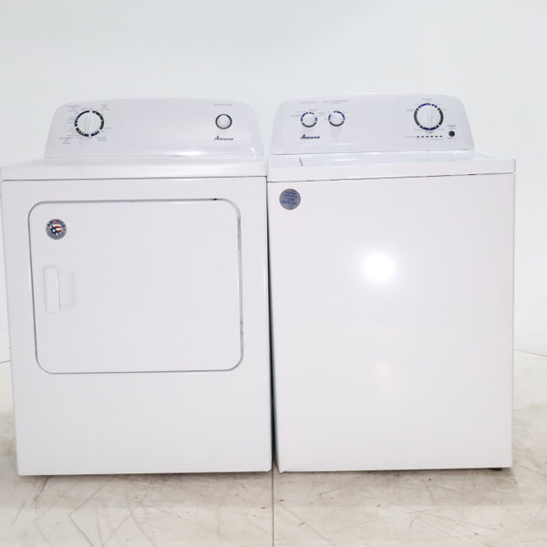 White Amana 3.5 cu. ft. Top-Load Washer with Deep Water Wash Option and Amana 6.5 cu. ft. Electric Dryer with Wrinkle Prevent - Scratch & Dent - Minor