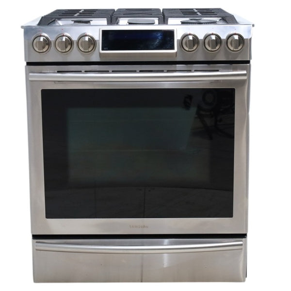Stainless Steel Samsung 5.8 cu. ft. Slide In 5 Burner Gas Range with True Convection Technology NX58H9500WS - Certified Refurbished
