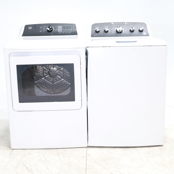 GE 4.5 cu. ft. Capacity Washer with Stainless Steel Basket, Cold Plus and Wash Boost and GE 7.4 cu. ft. Capacity Electric Dryer with Up To 120 ft. Venting and Sensor Dry - Scratch & Dent - Minor | Moderate