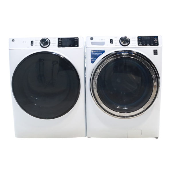 GE GE 5.0 cu.ft. Smart Front Load Washer in White with Steam, UltraFresh Vent System, and Microban Technology and GE 7.8 cu. ft. ENERGY STAR Smart Front Load Electric Dryer in White with Sanitize Cycle - Scratch & Dent - Minor