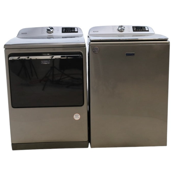Metallic Slate Maytag 5.3 cu. ft. Smart Capable ENERGY STAR Top Load Washing Machine with Extra Power and Maytag 7.4 cu. ft. 240-Volt Smart Capable Metallic Slate Electric Vented ENERGY STAR Dryer with Hamper Door and Steam - Scratch & Dent Minor
