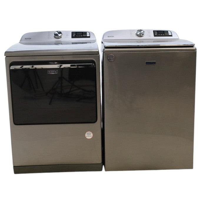 Metallic Slate Maytag 5.3 cu. ft. Smart Capable ENERGY STAR Top Load Washing Machine with Extra Power and Maytag 7.4 cu. ft. 240-Volt Smart Capable Metallic Slate Electric Vented ENERGY STAR Dryer with Hamper Door and Steam - Scratch & Dent Minor