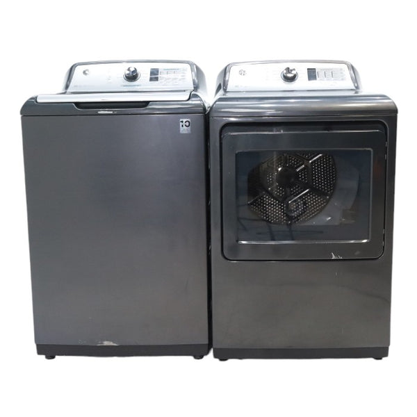 Diamond Gray ENERGY STAR GE 5.0 cu. ft. Top Load Washing Machine with Water Station and ENERGY STAR GE 7.4 cu. ft. Steam Electric Dryer with My Cycle - Certified Refurbished