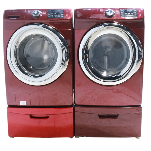 Merlot Samsung Frontload ENERGY STAR 4.2 cu ft Washer on Pedestals with Steam Wash and Merlot Samsung Frontload Electric Dryer on Pedestals - Certified Refurbished