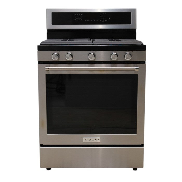 Stainless Steel with Printshield Finish KitchenAid 30-in 5 Burners 5.8-cu ft Self-cleaning Convection Oven Freestanding Natural Gas Range - Open Box