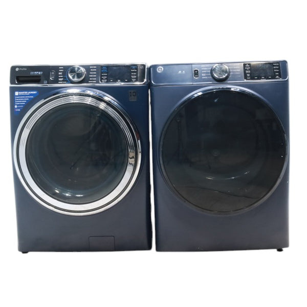 Sapphire Blue GE Profile 5.3 cu. ft. Smart Front Load ENERGY STAR Washer with OdorBlock UltraFresh Vent System and Microban and GE 7.8 cu. ft. Smart Front Load ENERGY STAR Electric Dryer in Sapphire Blue with Sanitize Cycle - Scratch & Dent - Moderate