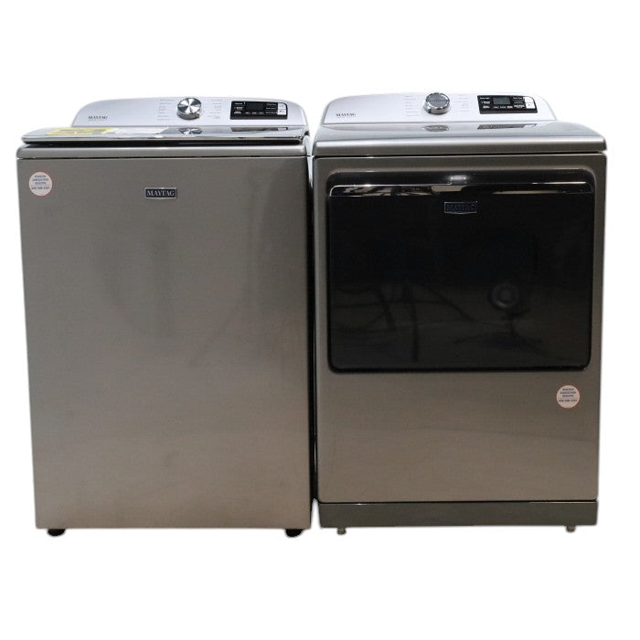 Pictures of Maytag Metallic Slate Smart Top Load 5.2 cu ft Washer with Extra Power button and Deep Fill Option and Smart 7.4 cu ft Electric Steam Dryer with Extra Power Button and Advance Moisture Sensing - Open Box - Neu Appliance Outlet - Discount Appliance Outlet in Austin, Tx