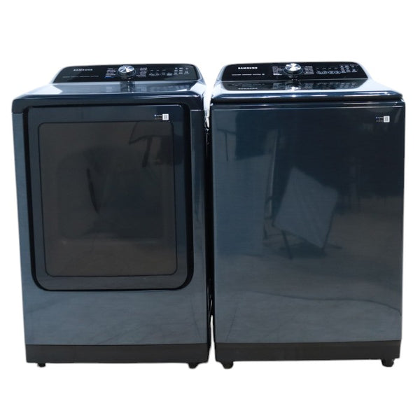 Samsung Brushed Navy Blue 5.4 cu. ft. Smart Top Load Washer with Pet Care Solution and Super Speed Wash  and  7.4 cu. ft. Smart Vented Electric Dryer with Pet Care Dry and Steam Sanitize+