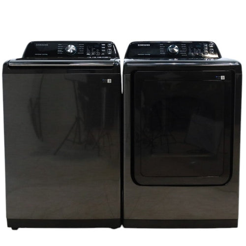 Pictures of Samsung Brushed Black 4.7 cu. ft. Large Capacity Smart Top Load Washer with Active WaterJet and 7.4 cu. ft. Smart Electric Dryer with Sensor Dry - Open Box - Neu Appliance Outlet - Discount Appliance Outlet in Austin, Tx