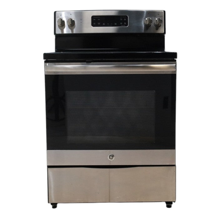 Stainless Steel GE 5.3 cu. ft. Freestanding 4 Heating Element Smooth Cooktop Electric Range with Dual Element Baking - Certified Refurbished