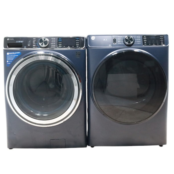 Sapphire Blue GE Profile 5.3 cu. ft. Smart Front Load ENERGY STAR Washer with OdorBlock UltraFresh Vent System and Microban and GE 7.8 cu. ft. Smart Front Load ENERGY STAR Electric Dryer in Sapphire Blue with Sanitize Cycle - Scratch & Dent - Minor