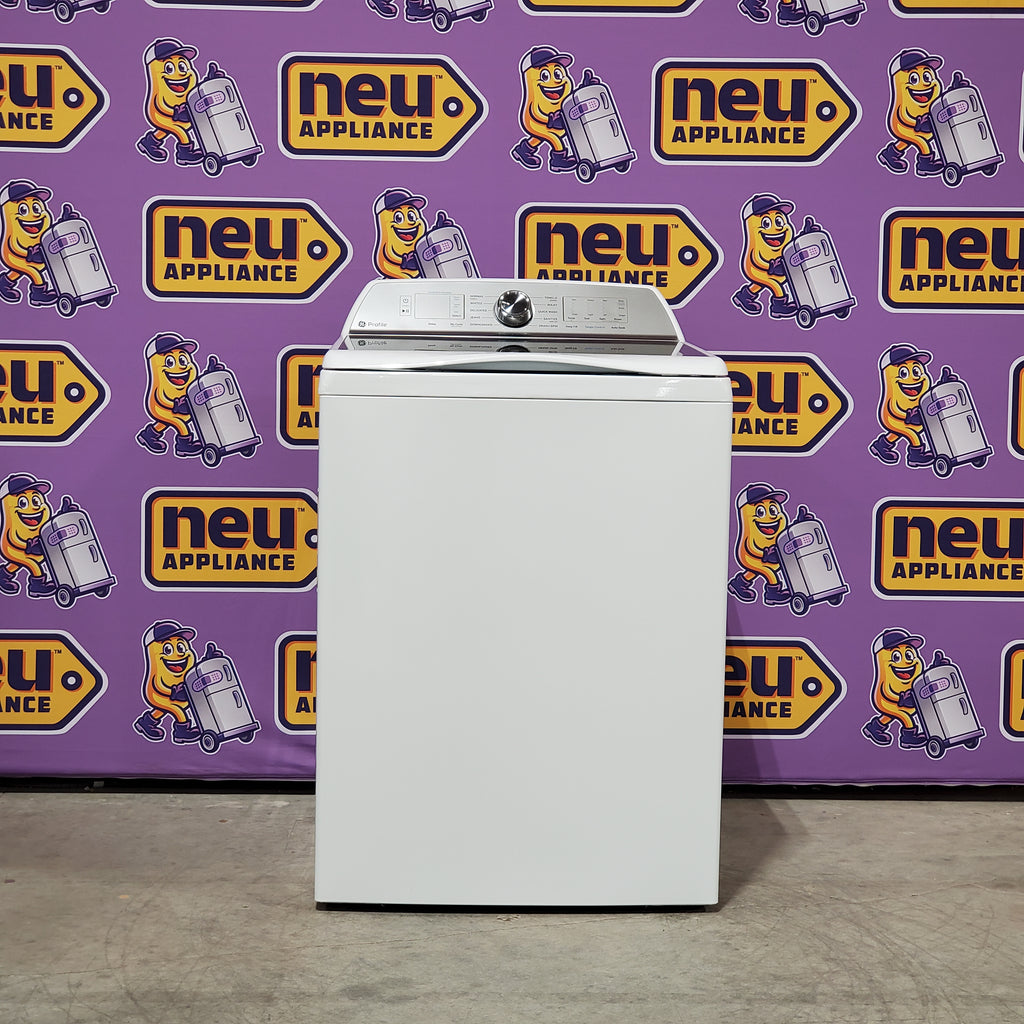 Pictures of GE Profile™ ENERGY STAR® 5.0 cu. ft. Capacity Washer with Smarter Wash Technology PTW600BSRWS - New in Box and GE Profile™ ENERGY STAR® 7.4 cu. ft. Capacity Electric Dryer with Sanitize Cycle 16229 - PTD60EBSRWS - Scratch & Dent (Moderate) - Neu Appliance Outlet - Discount Appliance Outlet in Austin, Tx