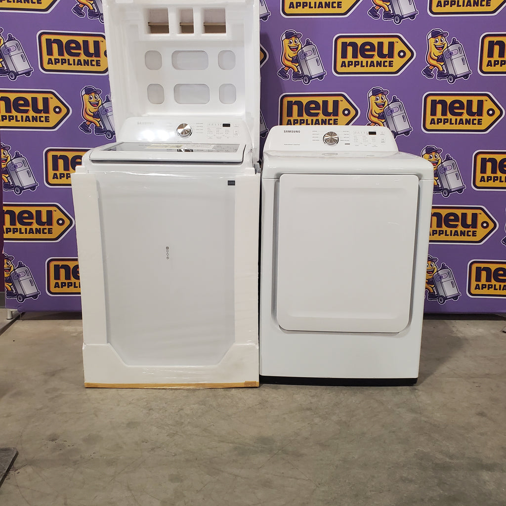 Pictures of Samsung Top Load 4.5 Cu. Ft. Washer with Soft Close Lid and Vibration Reduction Technology+ WA45T3200AW - New in Box and Samsung 7.2 cu. ft. Electric Dryer with Sensor Dry in White DVE45T3200W - Scratch and Dent (minor) - Neu Appliance Outlet - Discount Appliance Outlet in Austin, Tx