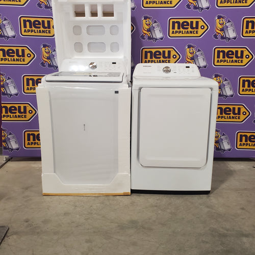 Samsung Top Load 4.5 Cu. Ft. Washer with Soft Close Lid and Vibration Reduction Technology+ WA45T3200AW - New in Box and Samsung 7.2 cu. ft. Electric Dryer with Sensor Dry in White DVE45T3200W - Certified Refurbished