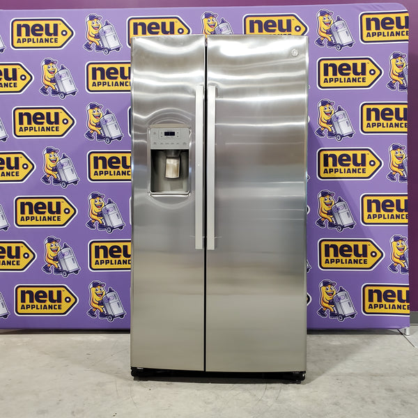GE Fingerprint Resistant Stainless Steel Counter Depth Side by Side 21.8 Cu. Ft. Refrigerator with Edge to Edge Shelves and Showcase LED Lighting GZS22IYNFS - Scratch and Dent (Minor)