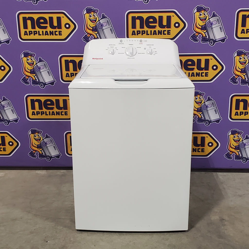 Pictures of Hotpoint® 4.0 cu. ft. Capacity Washer with Cold Plus and Water Level Control HTW265ASWWW - Scratch & Dent (Minor) and Hotpoint® 6.2 cu. ft. vented Electric Dryer with Auto Dry 16138 - HTX26EASWWW - Scratch & Dent (Moderate) - Neu Appliance Outlet - Discount Appliance Outlet in Austin, Tx