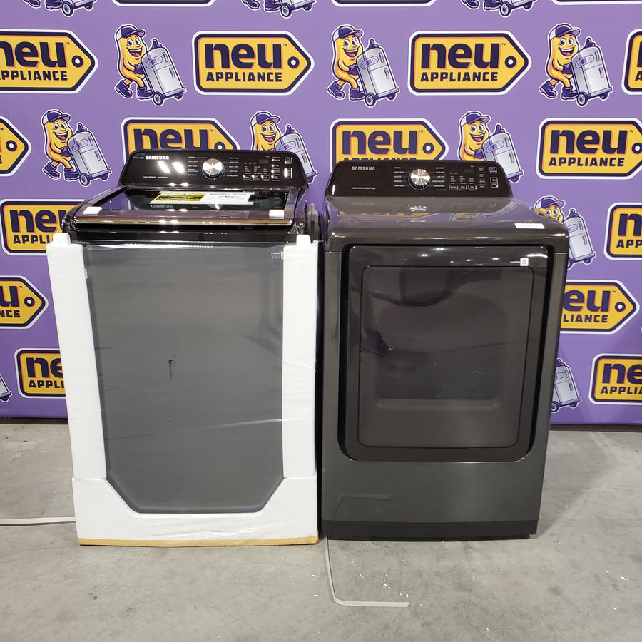 Samsung 4.7 cu. ft. Large Capacity Smart Top Load Washer with Active WaterJet in Brushed Black WA47CG3500AV - New in Box and Samsung Brushed Black 7.4 cu. ft. Smart Electric Dryer with Sensor Dry 16151 - DVE47CG3500V - Open Box