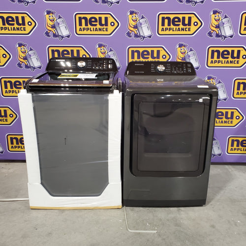 Samsung 4.7 cu. ft. Large Capacity Smart Top Load Washer with Active WaterJet in Brushed Black WA47CG3500AV - New in Box and Samsung Brushed Black 7.4 cu. ft. Smart Electric Dryer with Sensor Dry 16151 - DVE47CG3500V - Open Box