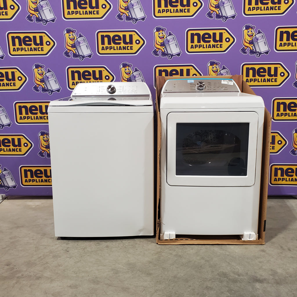 GE Profile 5.0 cu. ft. High-Efficiency Smart Top Load Washer in White with Microban Technology PTW600BSRWS - Scratch & Dent (Minor) and GE Profile 7.4 cu. ft. Capacity Electric Dryer with Sanitize Cycle and Sensor Dry 16052 - PTD60EBSRWS - New in Box