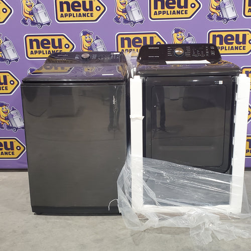 Samsung 5.0 cu. ft. Capacity Top Load Washer with Active WaterJet in Brushed Black WA50R5200AV - Certified Refurbished and Samsung Brushed Black 7.4 cu. ft. Smart Electric Dryer with Sensor Dry 16114 - DVE47CG3500V - New in Box