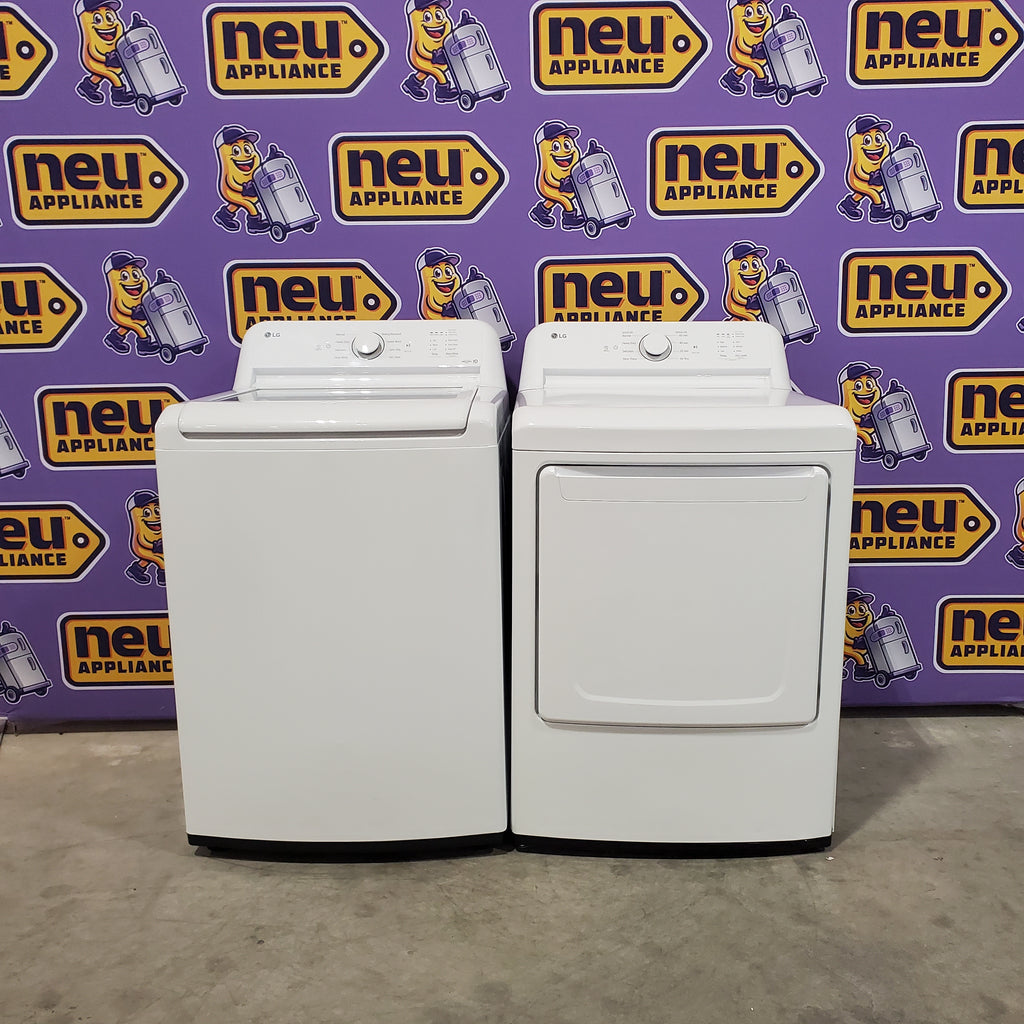 Pictures of LG Top Load 4.1 Cu. Ft. Washer with TurboDrum Technology in White WT6105CW - Scratch & Dent (Minor) and LG 7.3 Cu. Ft. Electric Rear Control Ultra Large Capacity Dryer in White with Sensor Dry 16075 - DLE6100W - Open Box - Neu Appliance Outlet - Discount Appliance Outlet in Austin, Tx