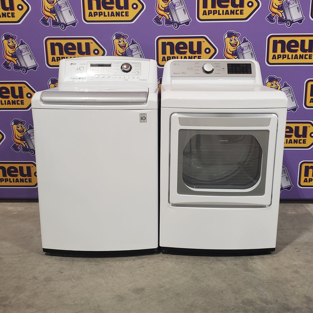LG 4.5 cu. ft. Ultra Large High Efficiency Top Load Washer w/ WaveForce™ WT4970CW - Certified Refurbished and LG 7.3 cu. ft. Ultra Large Capacity Smart Wi-Fi Enabled Electric Dryer with Sensor Dry Technology 16115 - DLE7300WE - Certified Refurbished