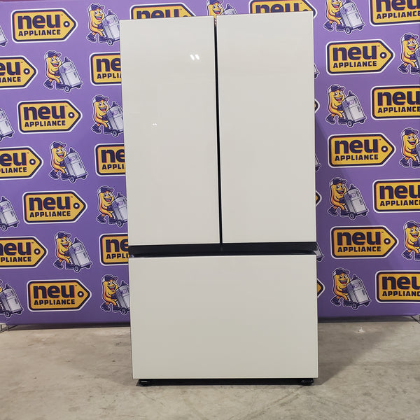 Samsung Bespoke White Glass 3 Door French Door 30 Cu. Ft. Refrigerator with Beverage Center RF30BB660012 - Open Box