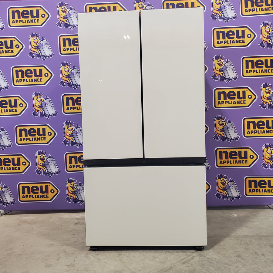Samsung Bespoke White Glass 3 Door French Door 30 Cu. Ft. Refrigerator with Beverage Center RF30BB660012 - Open Box