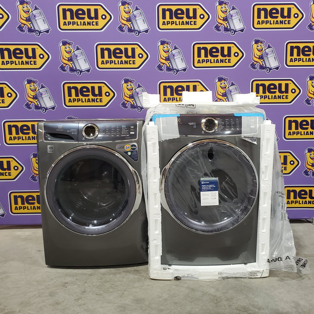 Pictures of Electrolux Titanium Front Load 600 Series 4.5 Cu. Ft. Washer with Smartboost ELFW7637AT - Scratch & Dent (Minor) and Electrolux 8 cu. ft. vented Front Load Stackable 600 Series Electric Dryer in Titanium with LuxCare Dry 16032 - ELFE7637AT - New in Box - Neu Appliance Outlet - Discount Appliance Outlet in Austin, Tx