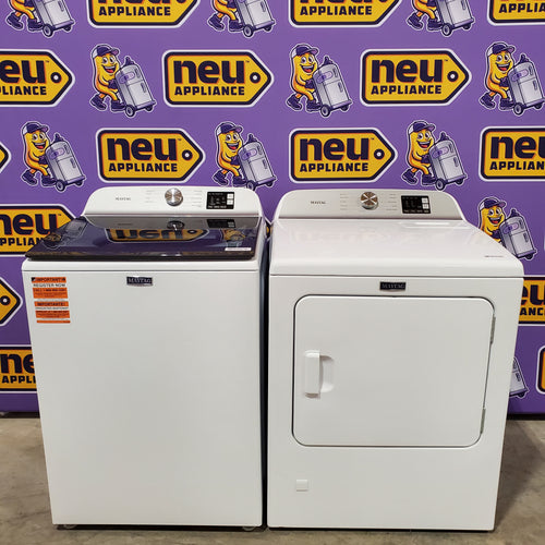 Pictures of Maytag Top Load 4.8 cu ft Washer with Deep Fill and Slow-Close Glass Lid MVW6200KW - Scratch & Dent (Moderate) and Maytag 7.0 cu. ft Top Load Gas Dryer with Moisture Sensing 16222 - MGD6200KW - Scratch and Dent (Major) - Neu Appliance Outlet - Discount Appliance Outlet in Austin, Tx