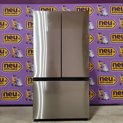 Samsung Bespoke 3-Door French Door RF30BB6600QL Refrigerator on a purple background with 'neu appliance' branding.